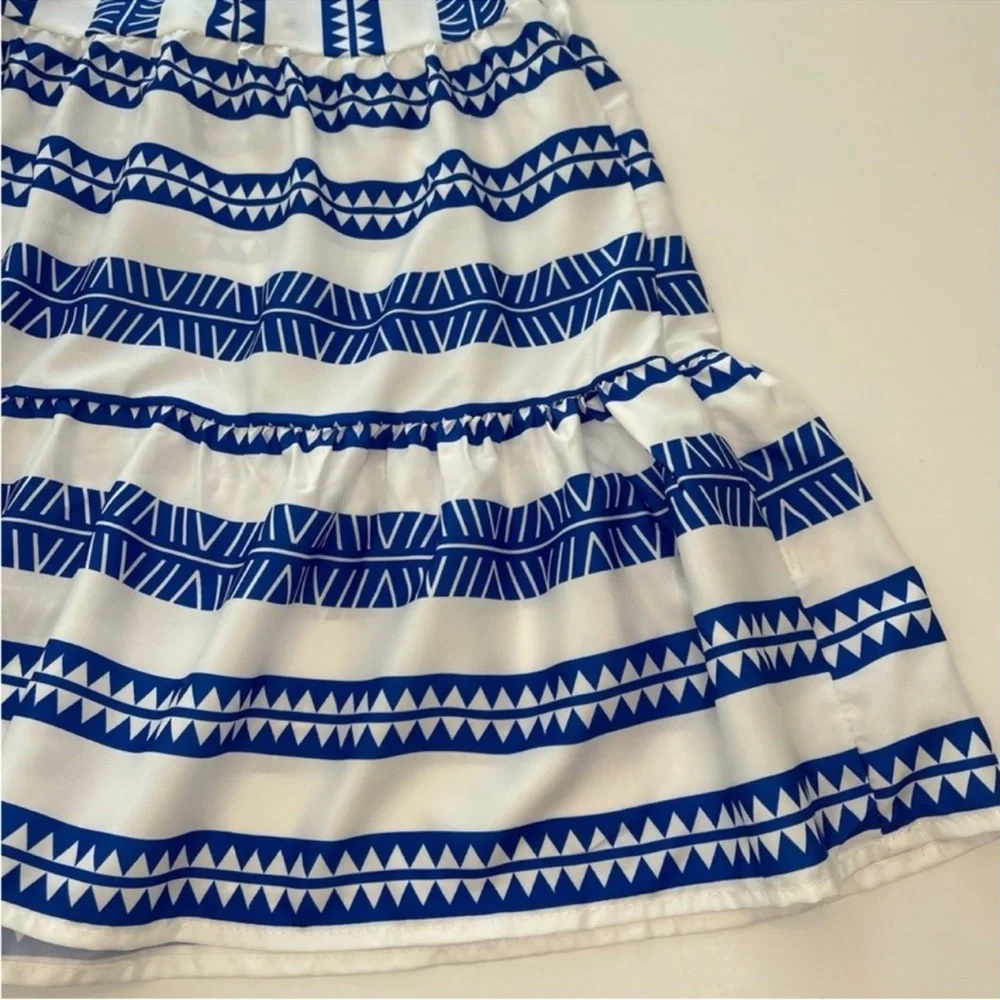 Baby Doll Mini Dress Geometric V-Neck Striped Blue & White Women’s Size Large - Picture 8 of 14